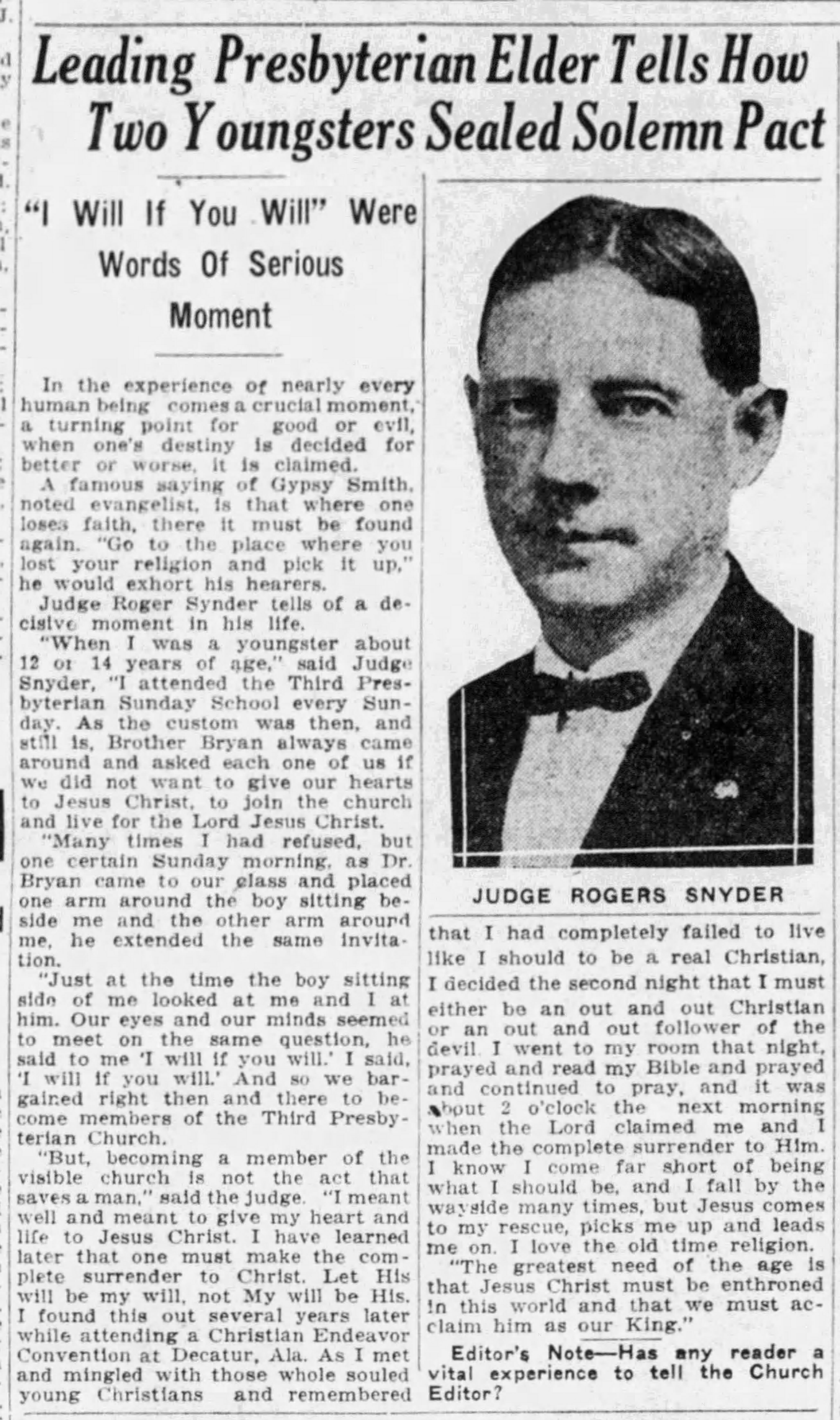 Leading Presbyterian Elder Tells How Two Youngsters Sealed Solemn Pact